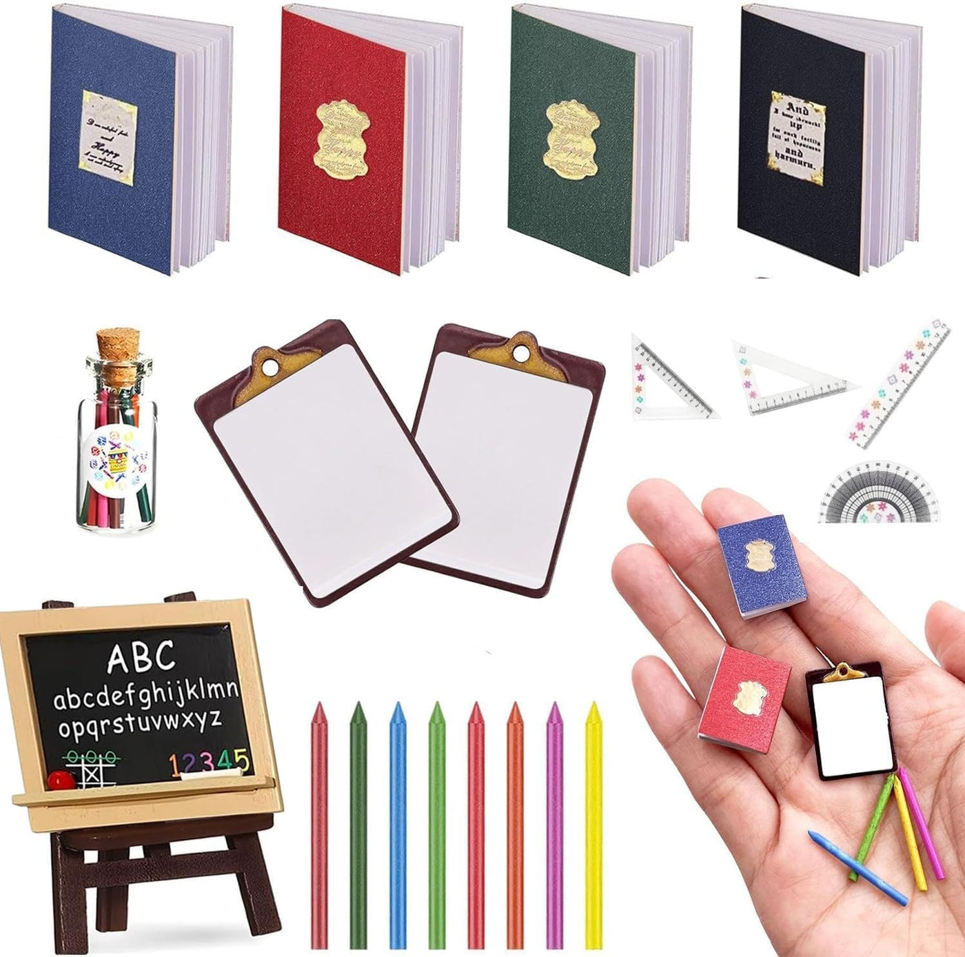 Miniatur Wichtel Zubehör,24Stück 1:12 Weihnachten Mini Puppenhaus Zubehör 1/12 Miniaturpuppe Schulbedarf Wichtelzubehör Deko Buch Klemmbrett Buntstift Set,für Dollhouse DIY Weihnachts Geschenk