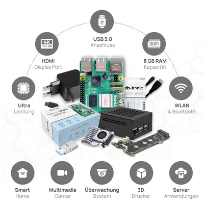 Raspberry Pi 5 8GB PCIe M.2 NVMe - Set | Metallgehäuse | Active Cooler | M.2 NVMe SSD PCIe Board | Offizielles USB-C 27W Netzteil | 64GB SD Karte | 4K Micro HDMI