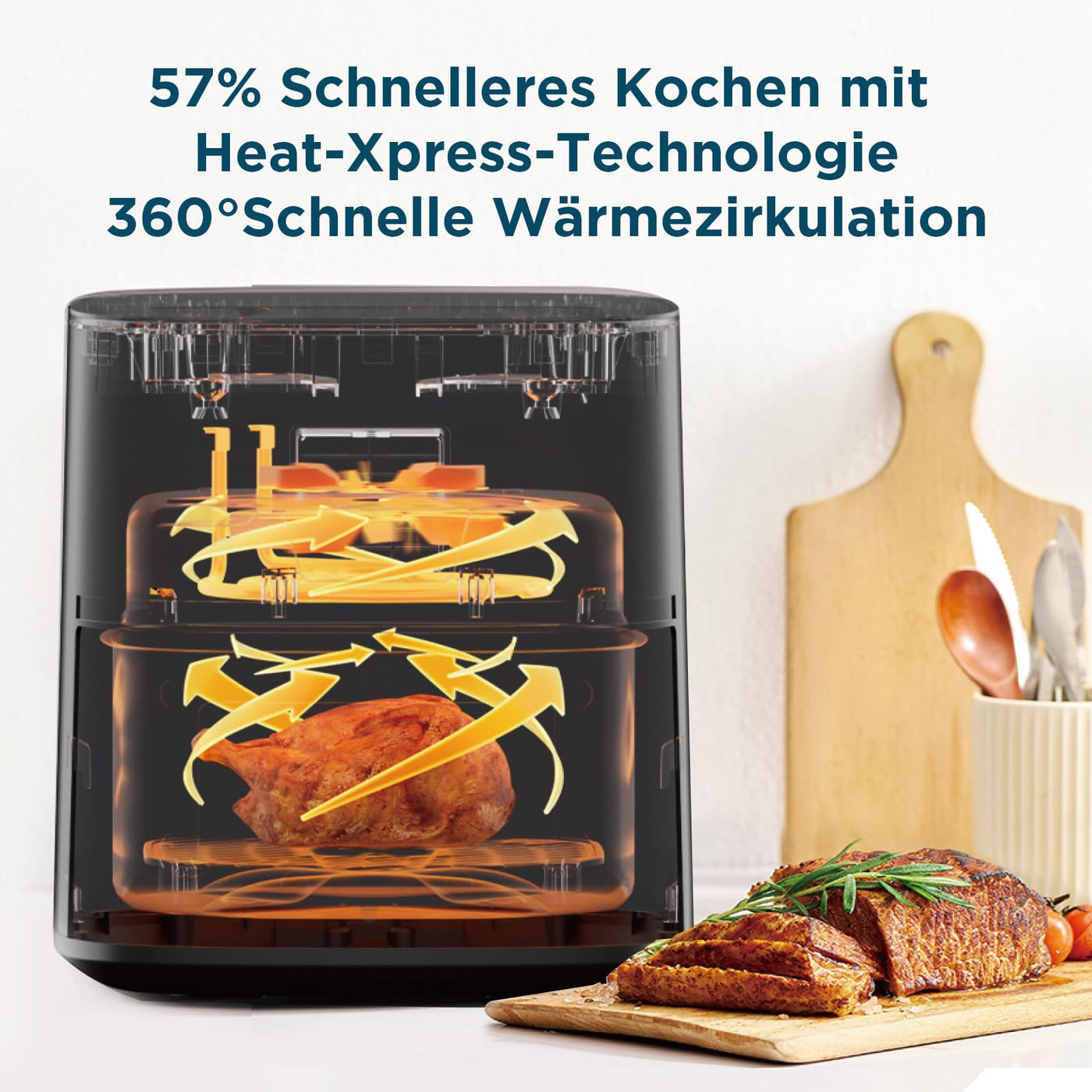 Midea Heißluftfritteuse 5L Fassungsvermögen, HeatXpress Technologie 90% weniger Öl, Energie- und Zeitersparnis mit 7 Voreinstellungen, Easy-View Fenster & Licht, Antihaft, Schwarz