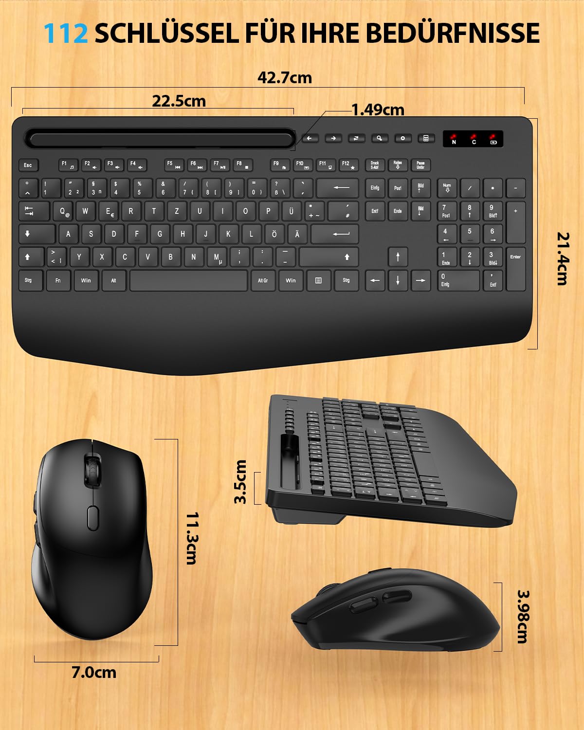 Tastatur Maus Set kabellos, Handballenauflage, Telefonhalter, Akku im Lieferumfang enthalten, 2.4G keine Latenz Ergonomische Tastatur kabellos Set, Leise Maus und Tastatur für Laptop, PC, Mac, Windows