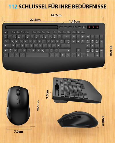 Tastatur Maus Set kabellos, Handballenauflage, Telefonhalter, Akku im Lieferumfang enthalten, 2.4G keine Latenz Ergonomische Tastatur kabellos Set, Leise Maus und Tastatur für Laptop, PC, Mac, Windows