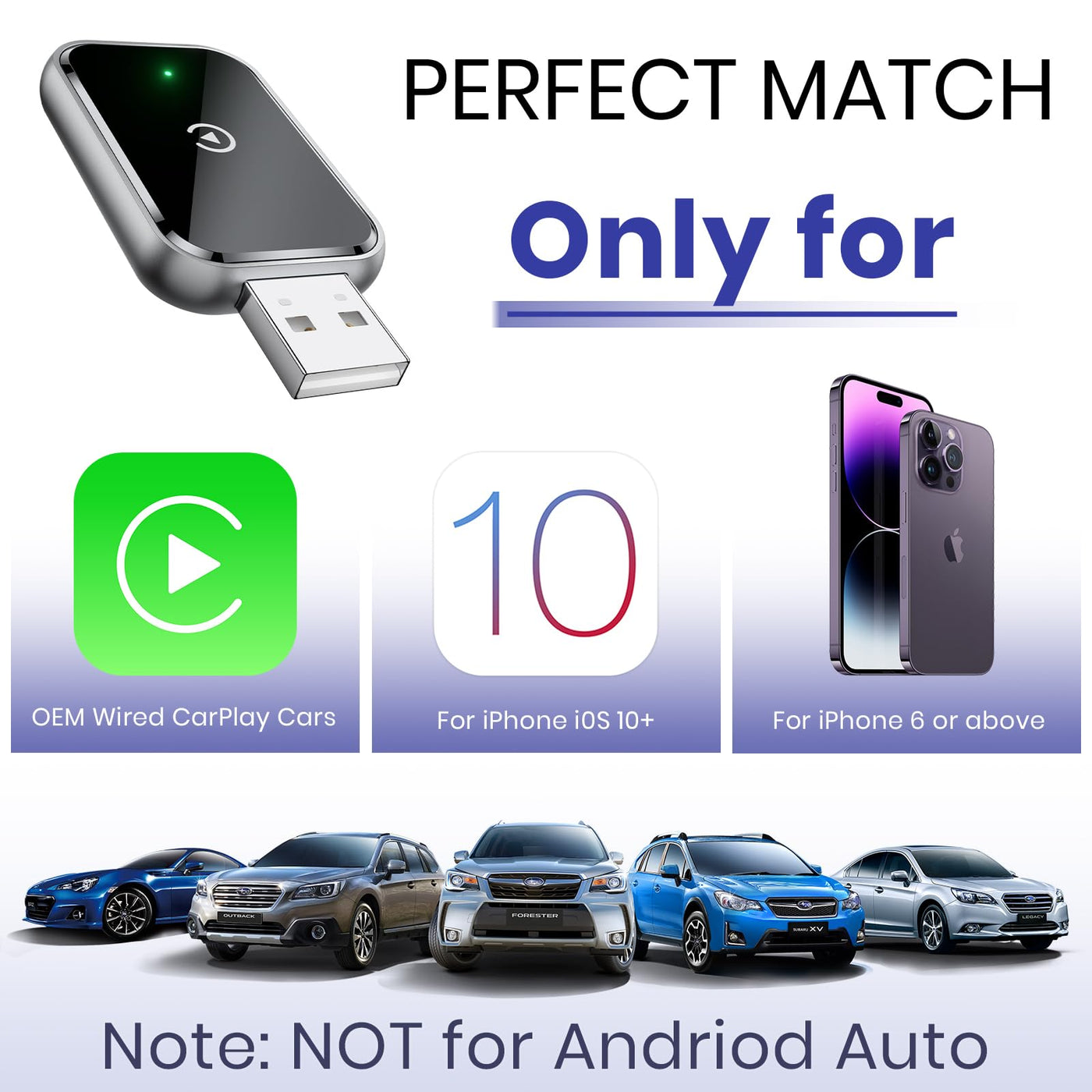 AIZEO Wireless CarPlay Adapter, Superschnelle Upgrade von Wired auf Wireless, Plug und Play, Mini & Stabiler, kompatibel mit iPhone iOS 10+ & Autos mit Wired CarPlay, Black