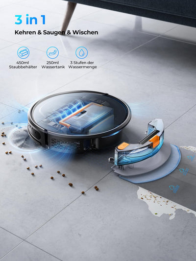 Laresar Clean Saugroboter mit Wischfunktion, 4500Pa Saugroboter, 3 in 1 Staubsauger Roboter funktioniert mit Alexa, 180 Minuten Laufzeit, Ideal für Tierhaare, Teppich, Hartboden