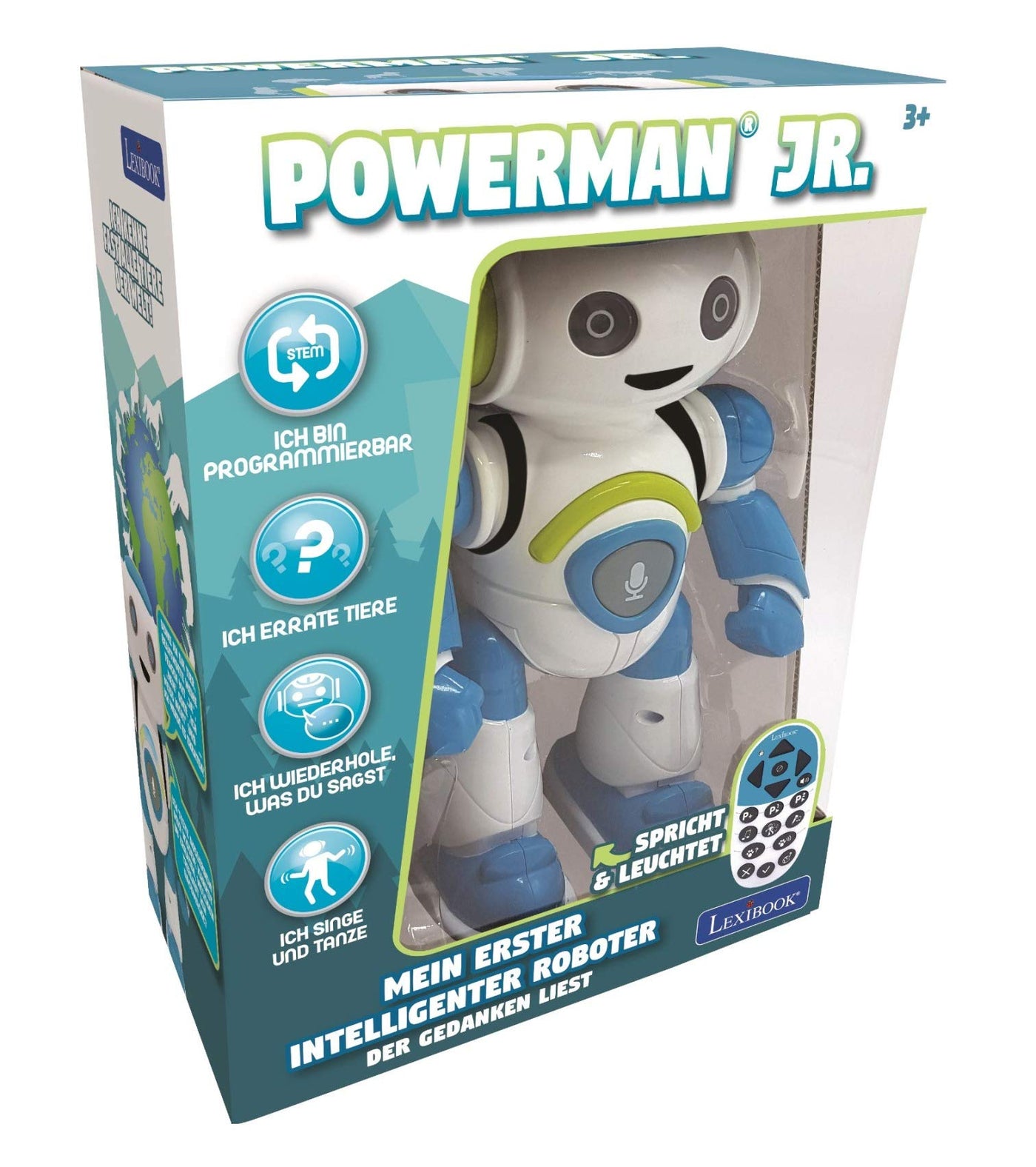 Lexibook - Powerman Jr. Intelligenter Roboter für Kinder der Gedanken liest - Spielzeug für Kinder - Tanzt Musiziert Tier-Quiz STEM Programmierbar Fernbedienung Roboter - Grün/blau - ROB20DE