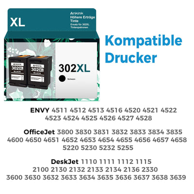 ANKINK Wiederaufbereitet Tintenpatrone Druckerpatronen als Ersatz für HP 302XL für Patrone 302 XL für 1110 2130 3630 3632 3634 3636 3639 4520 4524 4525 4526 4528 3830 3831 3833, Schwarz 2er-Pack