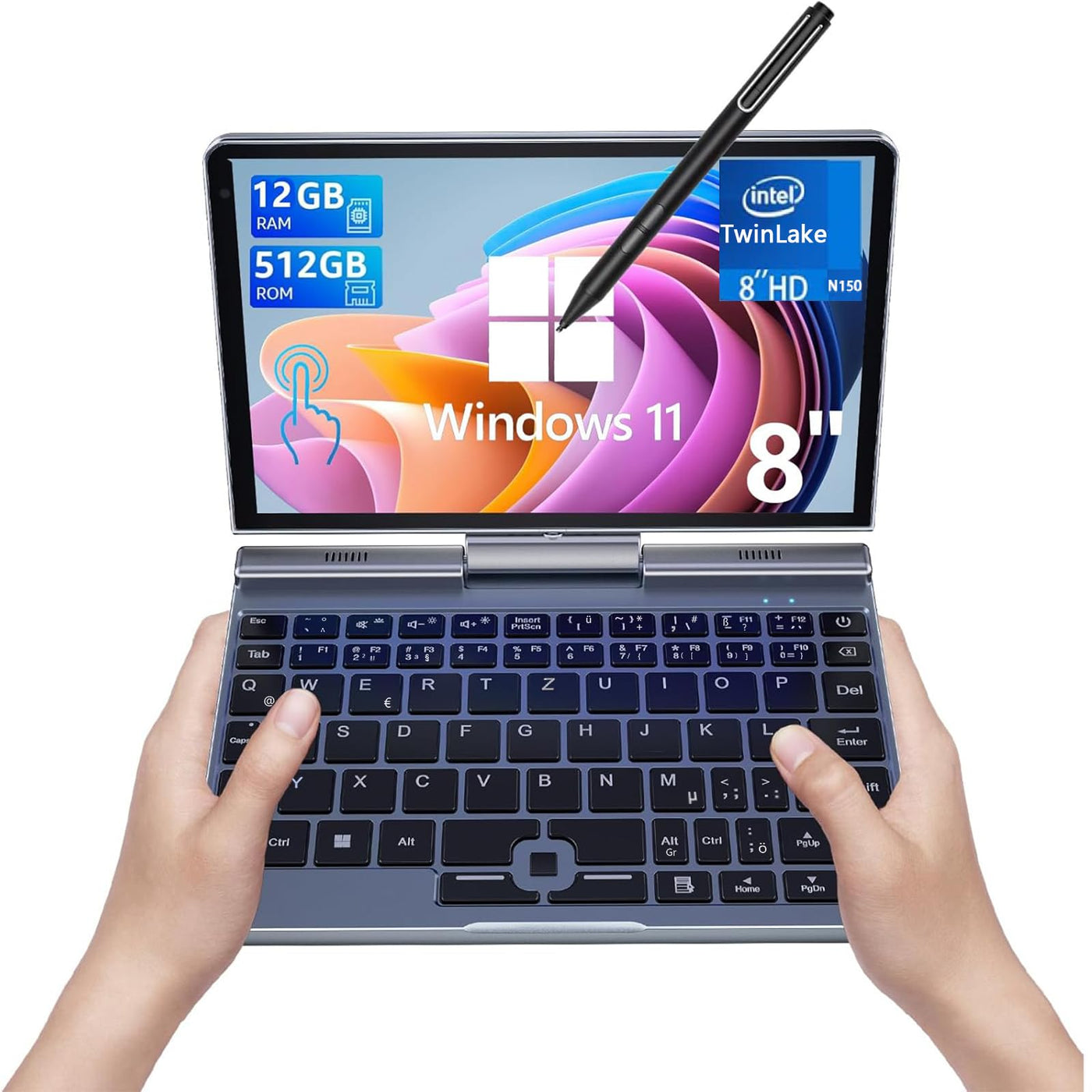 KOOSMILE 8" Touchscreen Laptop, Mini Laptops 2 in 1 Laptop mit Tastatur 12 GB LPDDR5-RAM, 512 GB/1 TB SSD, Wi-Fi 6, BT 5.2, HDMI, 2-MP-Kamera, Convertible Computer (N150-12GB+512GB)