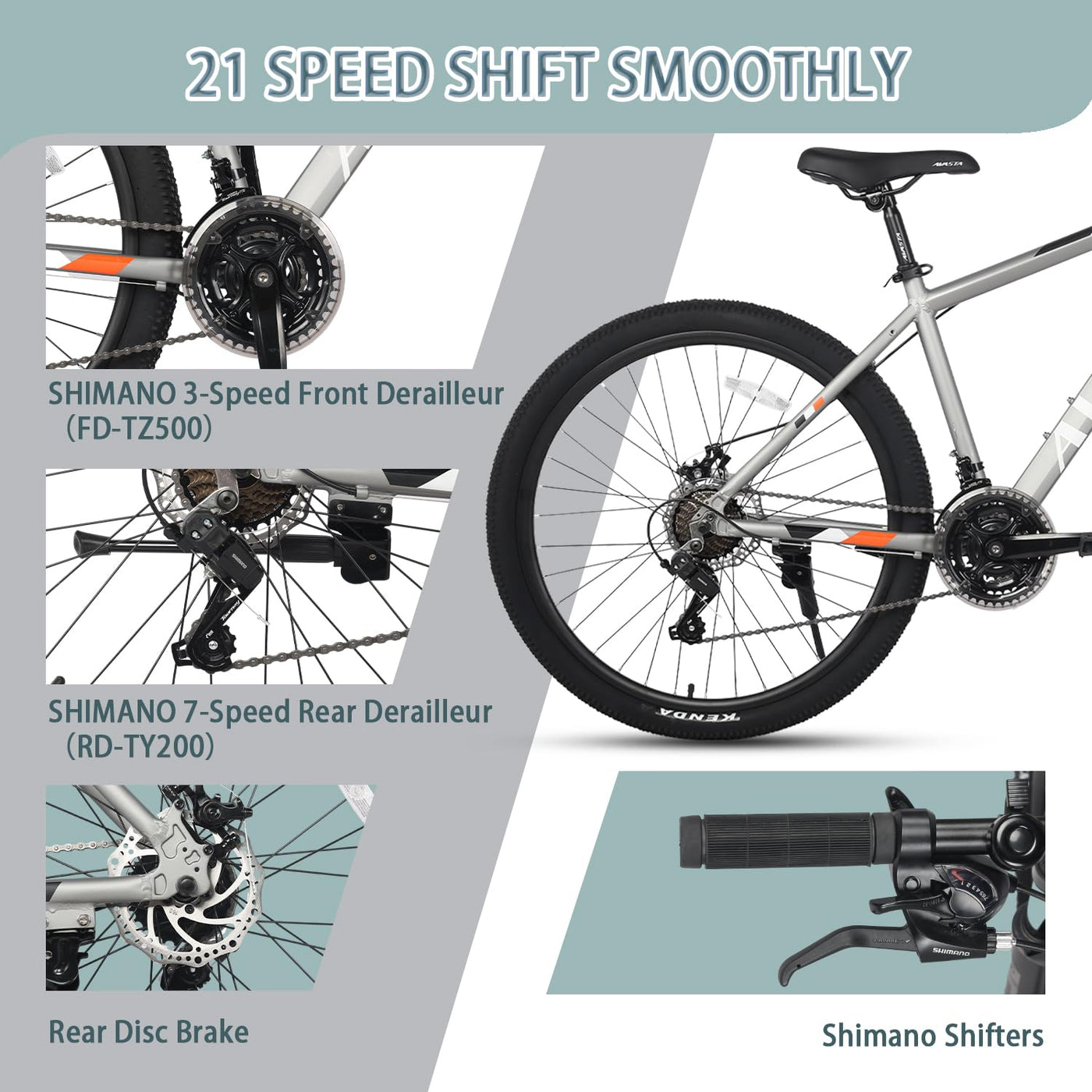 AVASTA AV300 26 Zoll Mountainbike MTB Pendlerrad Leichter Aluminiumrahmen 21 Gang Schaltung Vorderradfederung Scheibenbremsen vorne und hinten, Grau