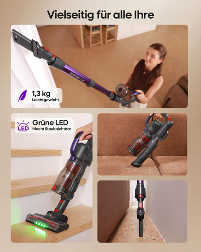 AlloyMove Akku Staubsauger Kabellos 45000Pa/450W/60Min, Leichter Staubsauger mit V-Anti-Tangle-Bürste mit LED-Licht, 65dB Ultra Leise, Selbststehend für Tierhaare Teppiche Hartböden A03