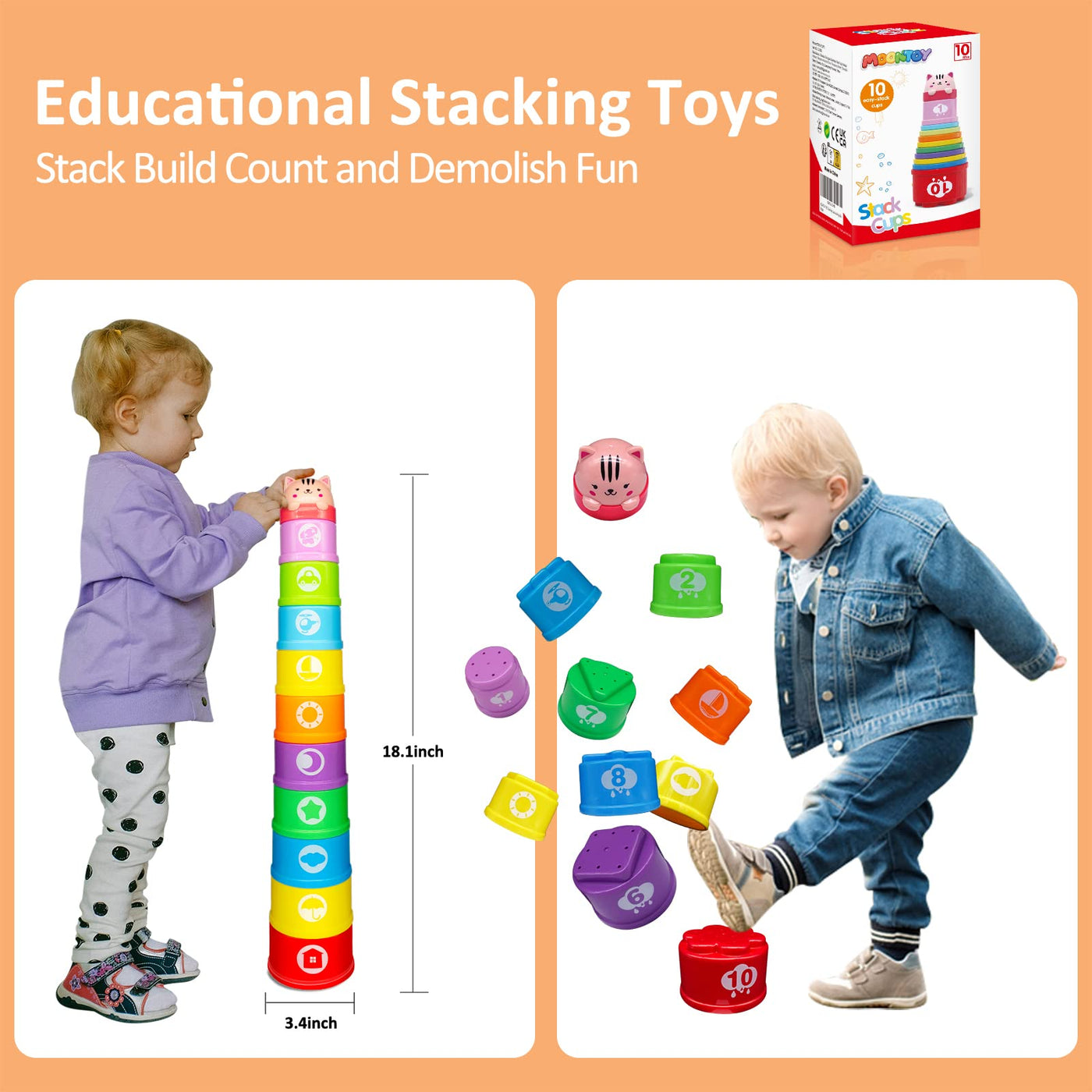 MOONTOY Stapelbecher Baby Spielzeug ab 1 Jahr, 11PCS Stapelturm Baby,Stapelwürfel ab 6 9 12 Monate,Badewannen Sandspielzeug 1-6 Jahr für drinnen, draußen, kinderspielzeug Geschenk