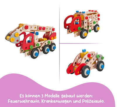 Eichhorn 100039085 - Constructor Feuerwehrauto, 155 TLG., Holz-Konstruktions-Set, 3 Verschiedene Modelvarianten baubar, FSC 100% Zertifiziertes Buchenholz, Made in Germany
