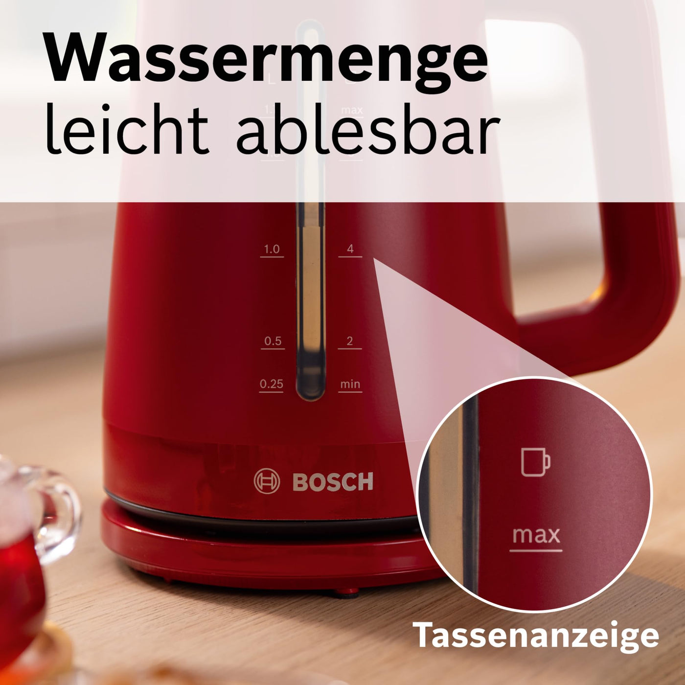 Bosch kabelloser Wasserkocher MyMoment TWK3M124, Abschaltautomatik, Überhitzungsschutz, Tassenanzeige, beidseitige Wasserstandsanzeige, entnehmbarer Kalkfilter, 1,7 L, 2400 W, Rot matt