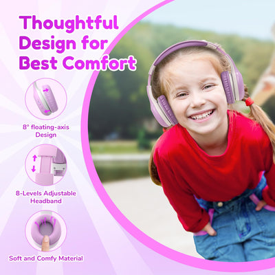 EarFun Bluetooth Kopfhörer Kinder, 74/85/94dB Lautstärkeregelung, HiFi Sound, HD-Mikrofon, 45 Std Akku, Faltbare, Einstellbar, Kopfhörer Kabellos Bluetooth Kinder für Schule/Reise/PC, Lila