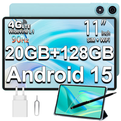 TECLAST P50 90Hz Tablet 11 Zoll Android 15 Tablett, 20GB RAM+128GB ROM(5TB TF), 4G LTE Dual SIM+5G WLAN, 2GHz Octa-Core CPU, Widevine L1/7000mAh/GPS/8MP/GMS/3.5MM Jack, Tablet Mit Stift + Hülle [2025]