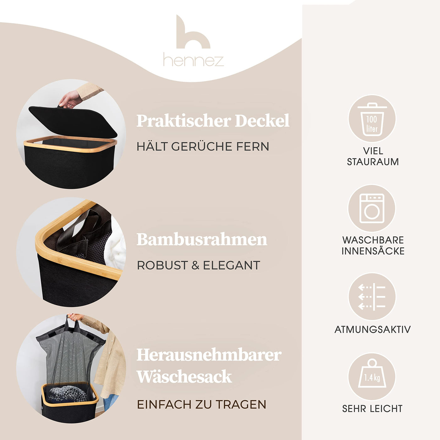 HENNEZ Wäschekorb mit Deckel 2 Fächer Wäschekorb schmal schwarz 141L Wäschesack - Wäschesortierer Anthrazit Wäschebox Wäschetonne schwarzer Wäschesammler mit Deckel Wäschetruhe dunkle Wäschekörbe