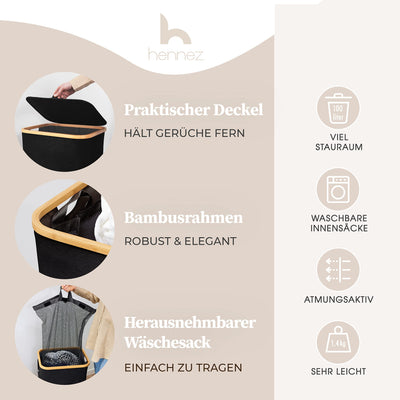 HENNEZ Wäschekorb mit Deckel 2 Fächer Wäschekorb schmal schwarz 141L Wäschesack - Wäschesortierer Anthrazit Wäschebox Wäschetonne schwarzer Wäschesammler mit Deckel Wäschetruhe dunkle Wäschekörbe