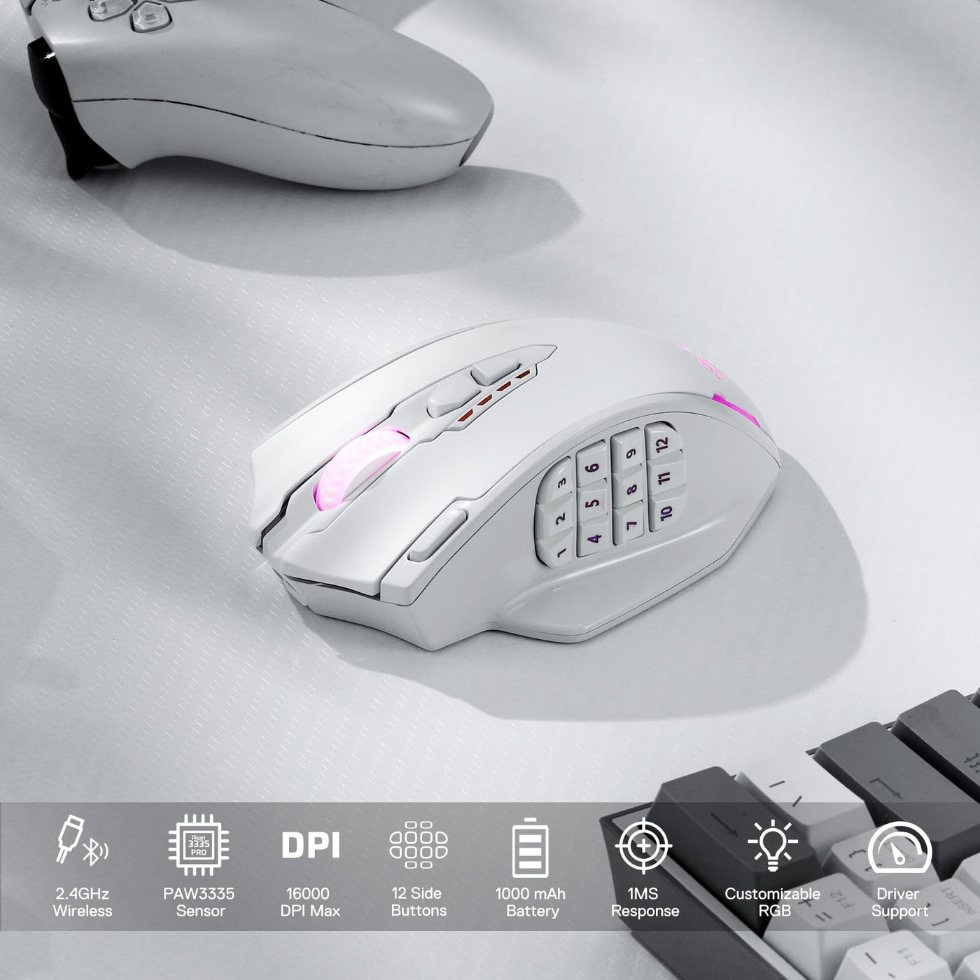 Redragon M913 kabellose Gaming-Maus, 16.000 DPI kabelgebundene/kabellose RGB-Maus mit 16 programmierbaren Tasten, 45-Stunden-Akku und professionellem Sensor, 12 seitliche Tasten, MMO-Maus, Weiß