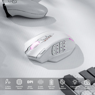 Redragon M913 kabellose Gaming-Maus, 16.000 DPI kabelgebundene/kabellose RGB-Maus mit 16 programmierbaren Tasten, 45-Stunden-Akku und professionellem Sensor, 12 seitliche Tasten, MMO-Maus, Weiß