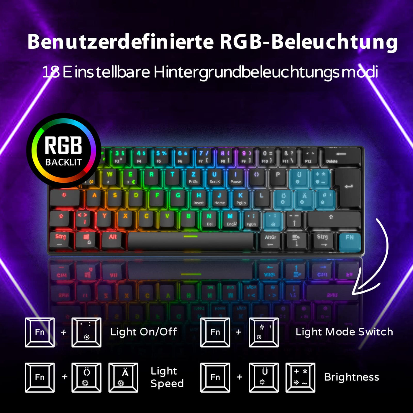 RK61 RGB Gaming-Tastatur, 2,4 GHz Wireless/Bluetooth/Wired 60% Mechanische Tastatur 61 Tasten, Hot-Swap-fähiger Brauner Schalter mit RGB-Beleuchtung Kompatibel für Win/Mac, Schwarz (QWERTZ)