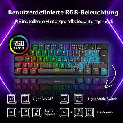 RK61 RGB Gaming-Tastatur, 2,4 GHz Wireless/Bluetooth/Wired 60% Mechanische Tastatur 61 Tasten, Hot-Swap-fähiger Roter Schalter mit RGB-Beleuchtung, Kompatibel für Win/Mac, Schwarz (QWERTZ)