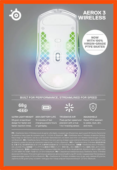 SteelSeries Aerox 3 Wireless - RGB Gaming-Mouse mit Öffnungen in der Oberfläche - Federleichtes, wasserabweisendes Design - Optischer TrueMove Air-Sensor mit 18.000 DPI - Snow