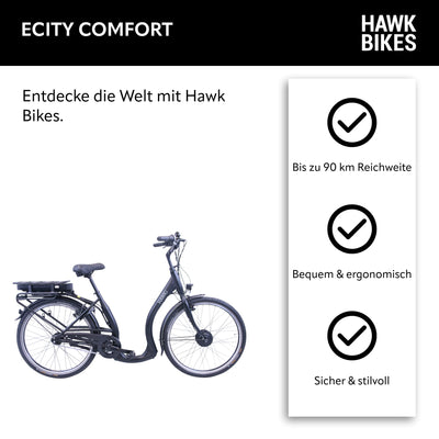 HAWK eCity Comfort E-Bike Herren & Damen 250W I Fahrrad mit Aluminiumrahmen I E Bike Herren 26 Zoll mit tiefem Einstieg 7 Gang Nabenschaltung