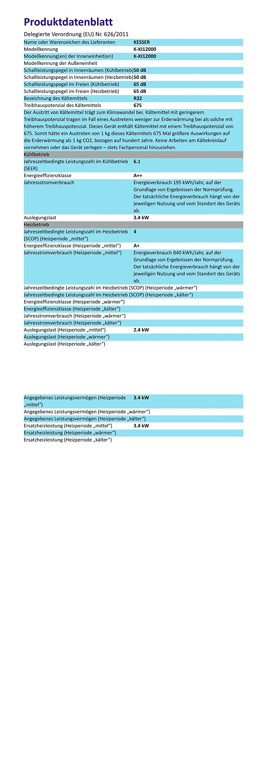 KESSER® Klimaanlage Set Split - mit WiFi/App Funktion Klimagerät - Kühlen A++/ Heizen A+ -12000 BTU/h (3.400 Watt) Kältemittel R32 - Fernbedienung, Timerfunktion - Inkl. komplettem Montagematerial