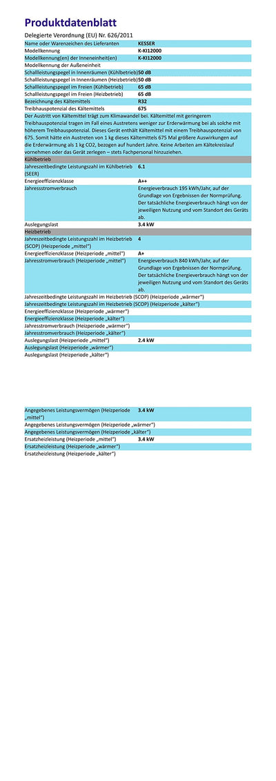 KESSER® Klimaanlage Set Split - mit WiFi/App Funktion Klimagerät - Kühlen A++/ Heizen A+ -12000 BTU/h (3.400 Watt) Kältemittel R32 - Fernbedienung, Timerfunktion - Inkl. komplettem Montagematerial