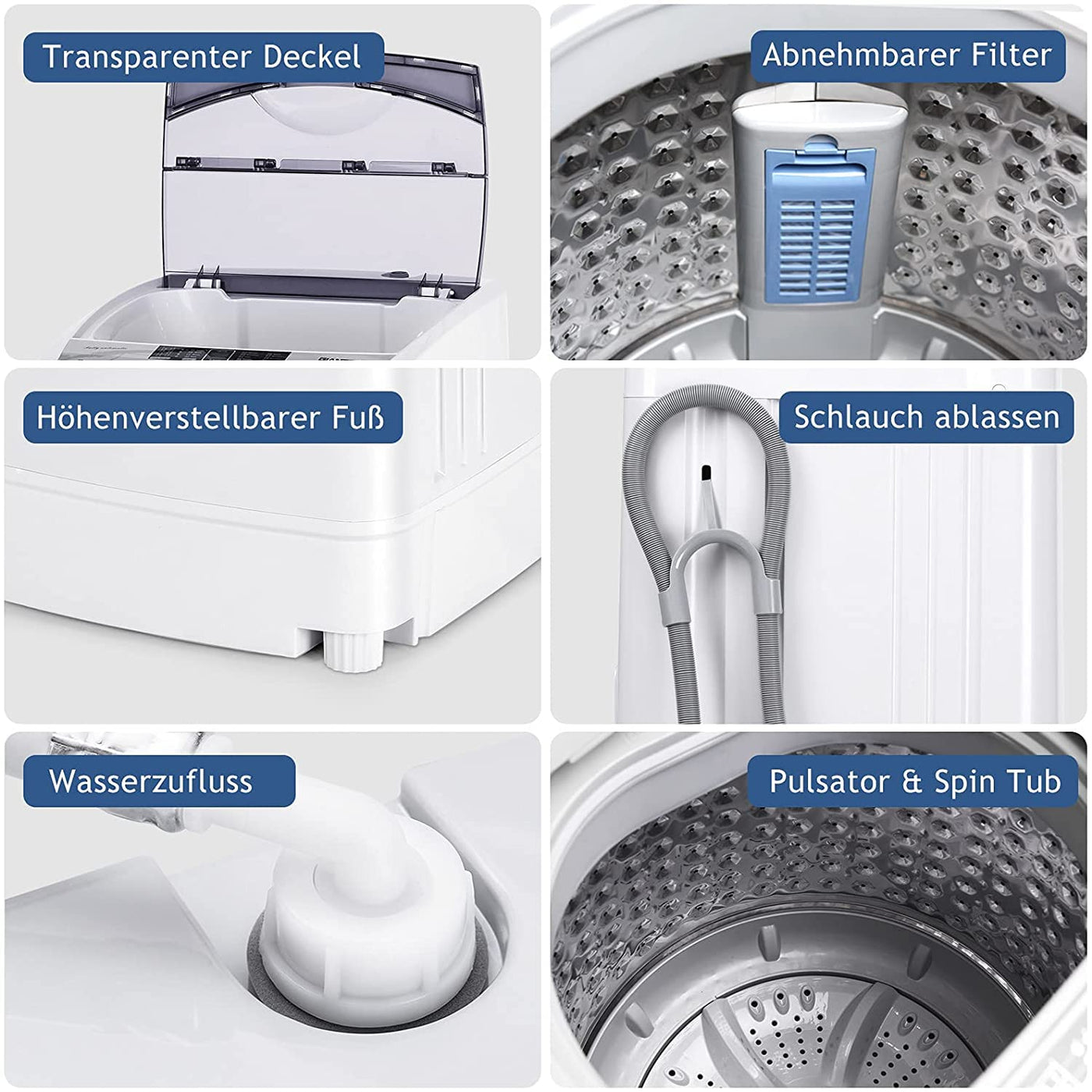 RELAX4LIFE 4,5 kg Vollautomatische Waschmaschine, Waschvollautomat mit Pumpe & Schleuder, Toplader Miniwaschmaschine mit LED-Display & 10 Programmauswahl, 310W/240W, 50 x 50 x 85 cm, Grau