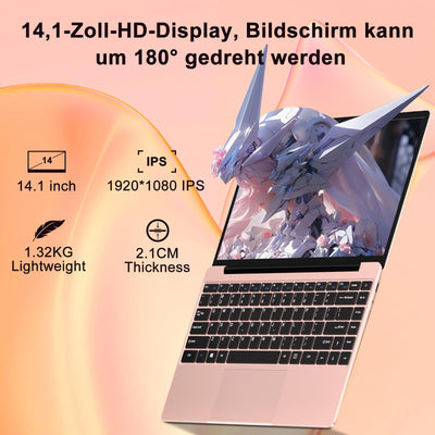 NOTODD 2025 Laptop 14 Zoll Win11 Celeron N4020 256GB SSD Unterstützung 1TB (TF 512GB) Full Metal Notebook 1080P 5G WiFi Mini HDMI & Kabellose Maus Tastaturfolie für Tastatur-Gold
