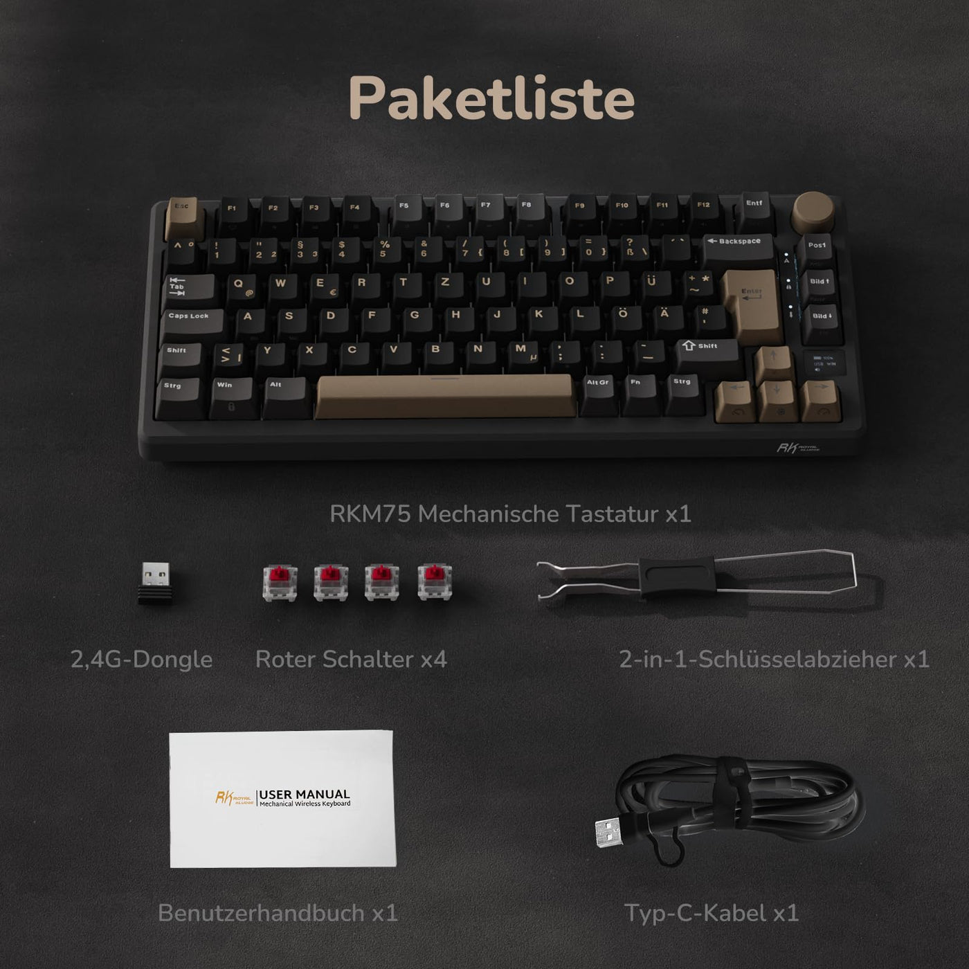 RK ROYAL KLUDGE M75 Gaming Tastatur kabellos 75% Prozent TKL Mechanische Tastatur RGB 2,4 GHz Wireless/Bluetooth/USB-C QWERTZ mit OLED-Smart-Display und Knopf Hot Swappable Roter Schalter, Grau