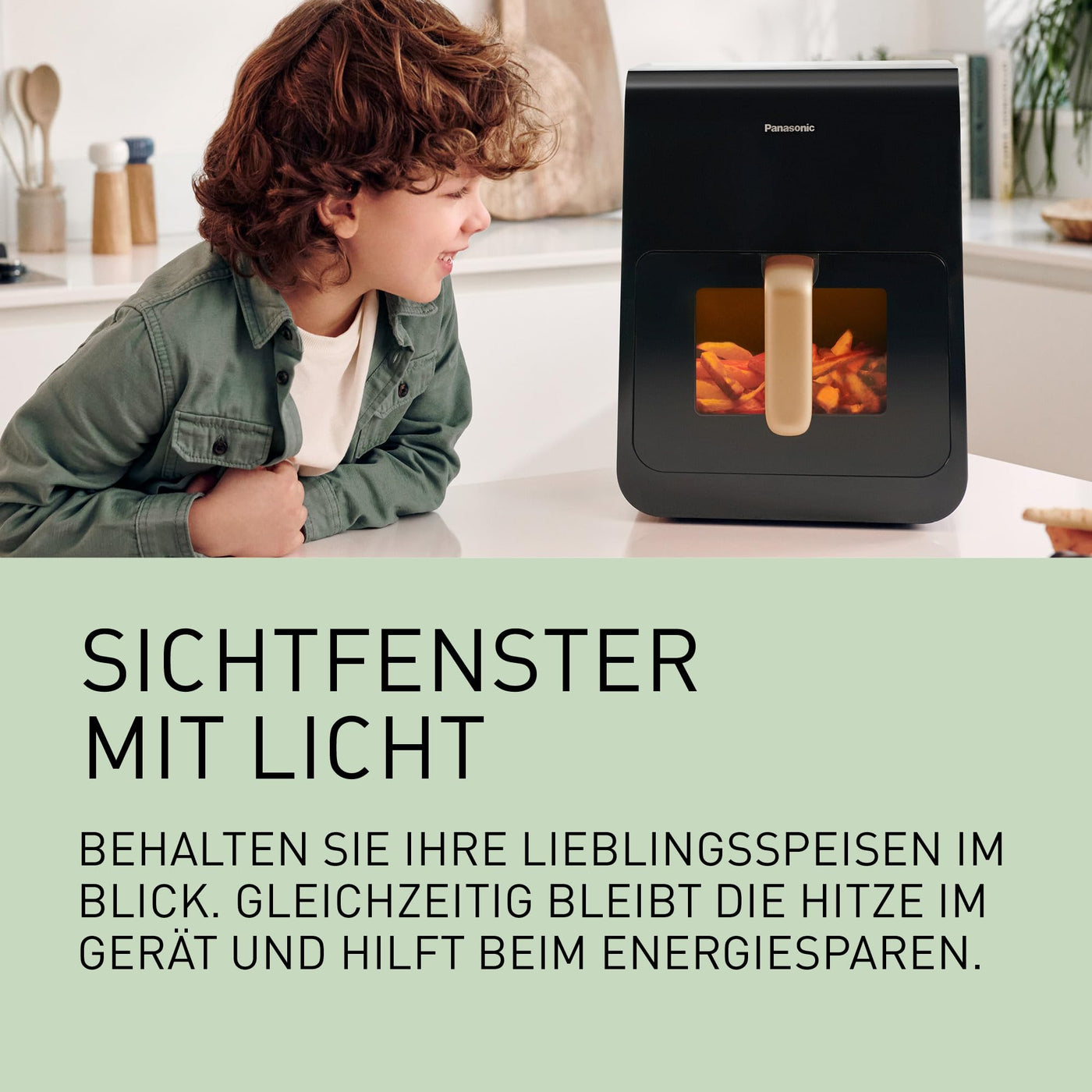 Panasonic NF-CC600AXE Air Fryer mit Sichtfenster, 6 l, 80–200 °C, digitaler Timer & LCD-Display, sanfte Dampfzugabe, 11 Voreinstellungen, einfache Reinigung, Schwarz mit Griff in Roségold