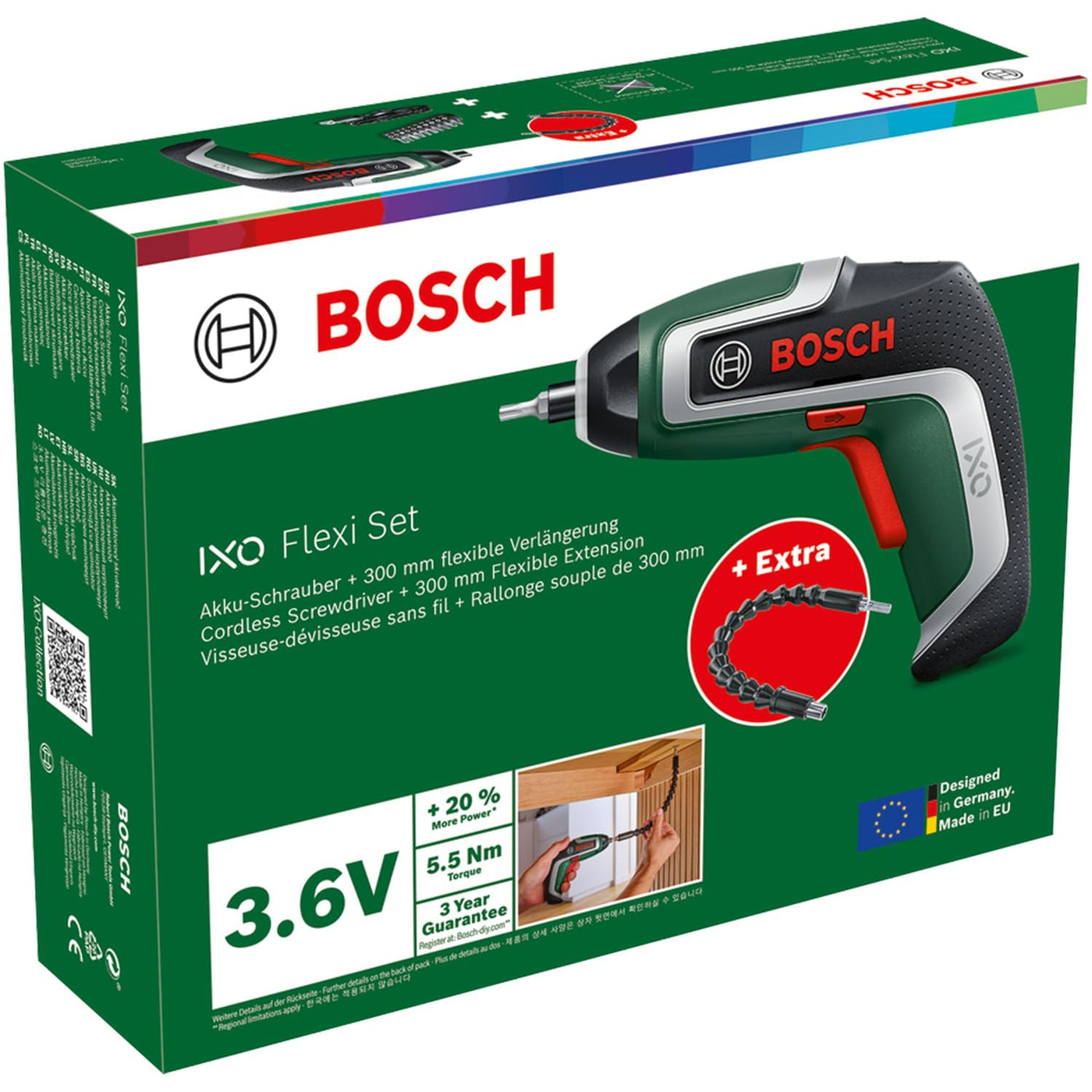 Bosch Kompakter Akku-Schrauber IXO, Flexi-Set (für flexibles Schrauben; 7. Generation; 3,6 V; 2,0 Ah; mit flexibler Erweiterung und Micro-USB-Kabel; Biegung bis 180°; 10 x Bit)