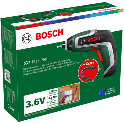 Bosch Kompakter Akku-Schrauber IXO, Flexi-Set (für flexibles Schrauben; 7. Generation; 3,6 V; 2,0 Ah; mit flexibler Erweiterung und Micro-USB-Kabel; Biegung bis 180°; 10 x Bit)