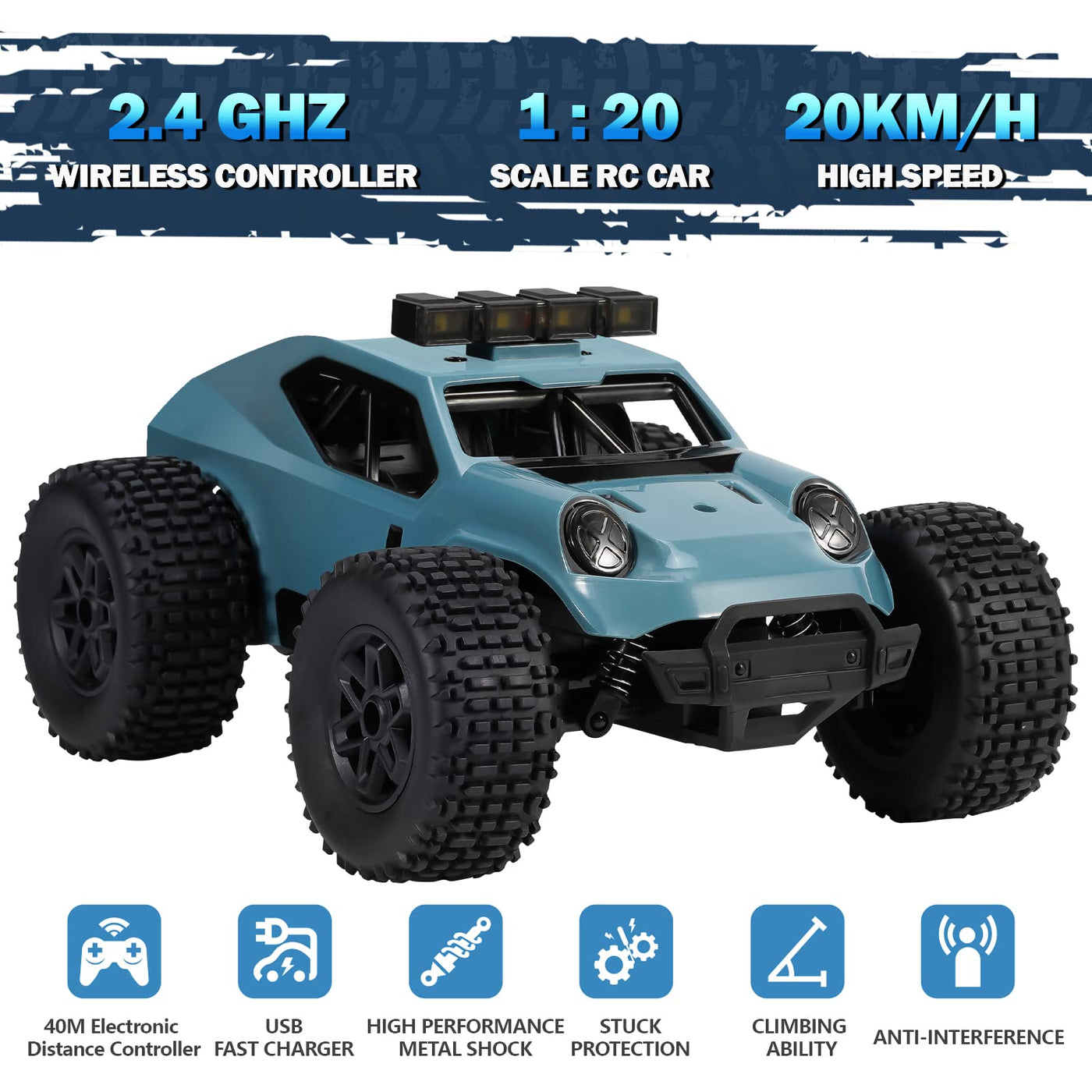 Kizeefun Ferngesteuertes Auto, 2.4Ghz 1/20 RC Auto Geländewagen 20 km/h Alle Gelände, Elektrisches Spielzeug, Offroad mit 2 AKKU 50min Spielzeit und LED Scheinwerfer, Geschenk für Kinder