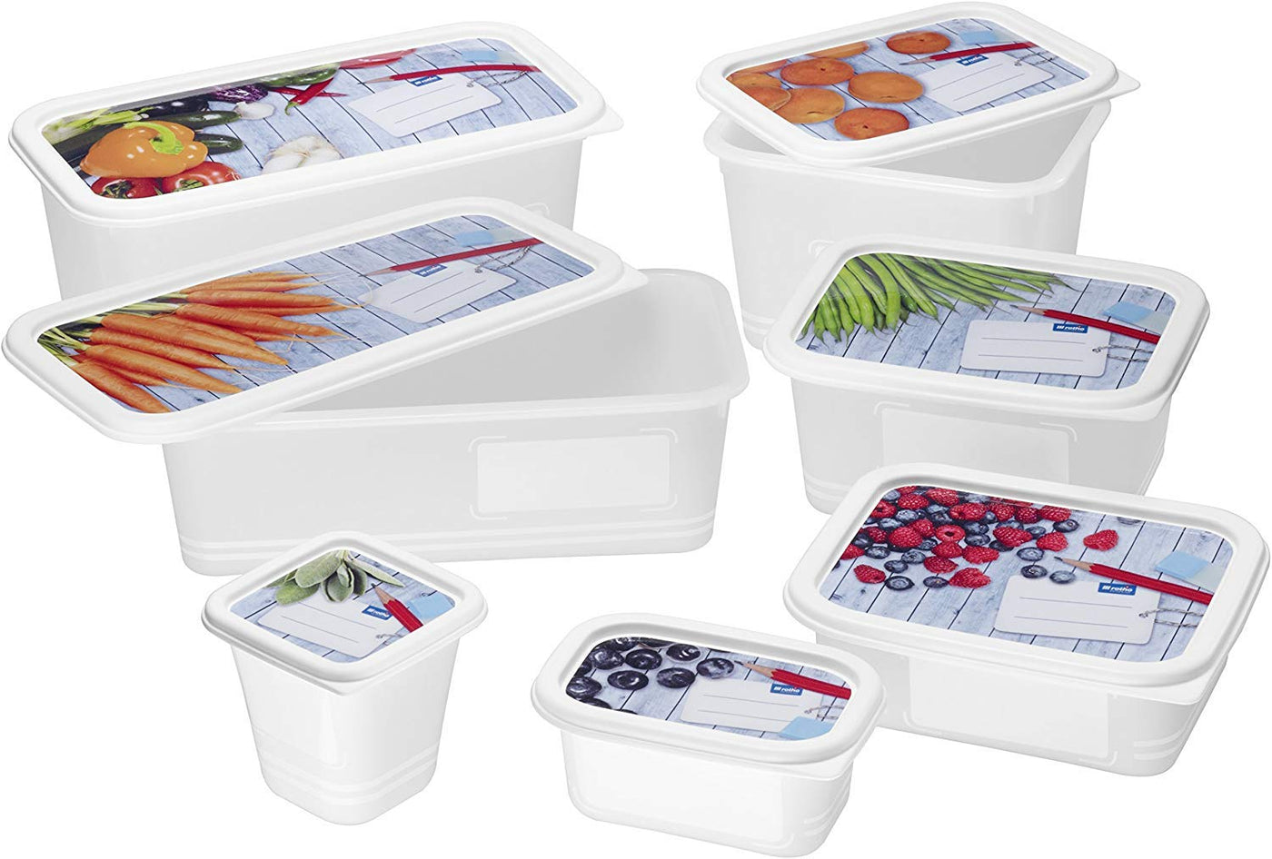 Rotho Domino 4er-Set Gefrierdose 1l mit beschreibbarem Motiv auf dem Deckel, lebensmittelechter Kunststoff (PP) BPA-frei, weiss, 4 x 1l (15.7 x 11.8 x 10.0 cm), Weiß