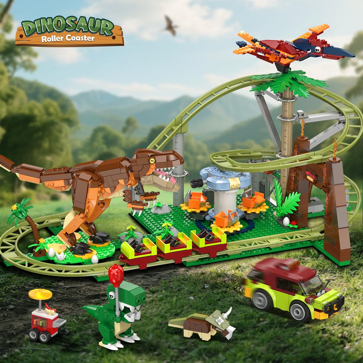 HOGOKIDS Dinosaurier Achterbahn Bausteine Spielzeug – 1222pcs Achterbahn Bauspielzeug mit 4 Dinosauriern, Geländewagen, Dinosauriermodellen, Geschenk für Erwachsene, Mädchen Jungen ab 8 Jahren