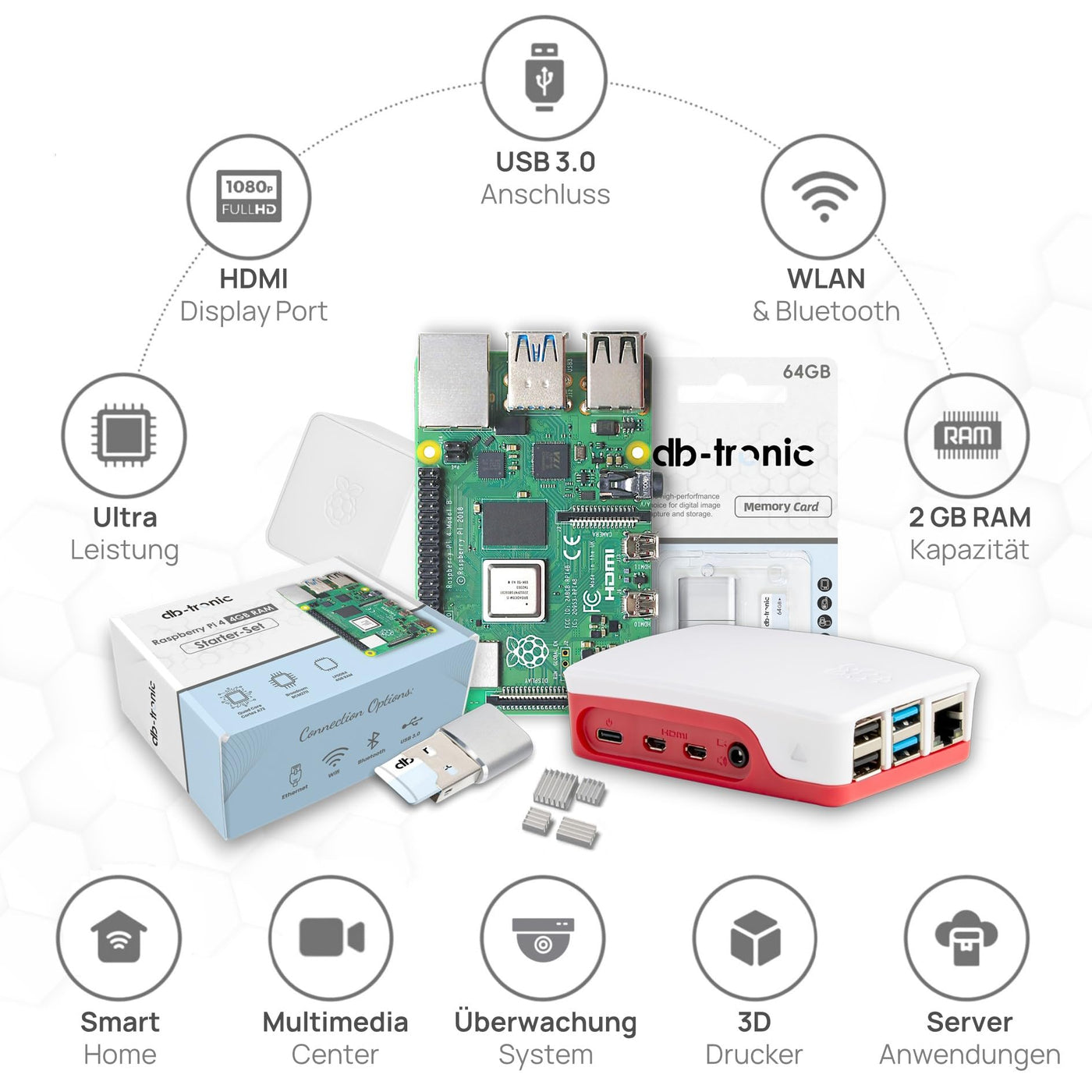 Raspberry Pi 4 2GB Starter-Kit | USB-C Netzteil 15W | Gehäuse | 64GB SD Karte | 4k Micro HDMI Kabel | Kühlkörper Set