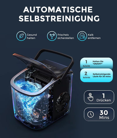 ecozy Eiswürfelmaschine, Eiswürfelmaschine Klein, Selbstreinigende Eiswürfelmaschinen, 2 Eiswürfel Größen Ice Cube Maker, 9 Würfel in 6 Minuten Fertig, 12 KG/24H Eiswürfelbereiter für Zuhause, Party