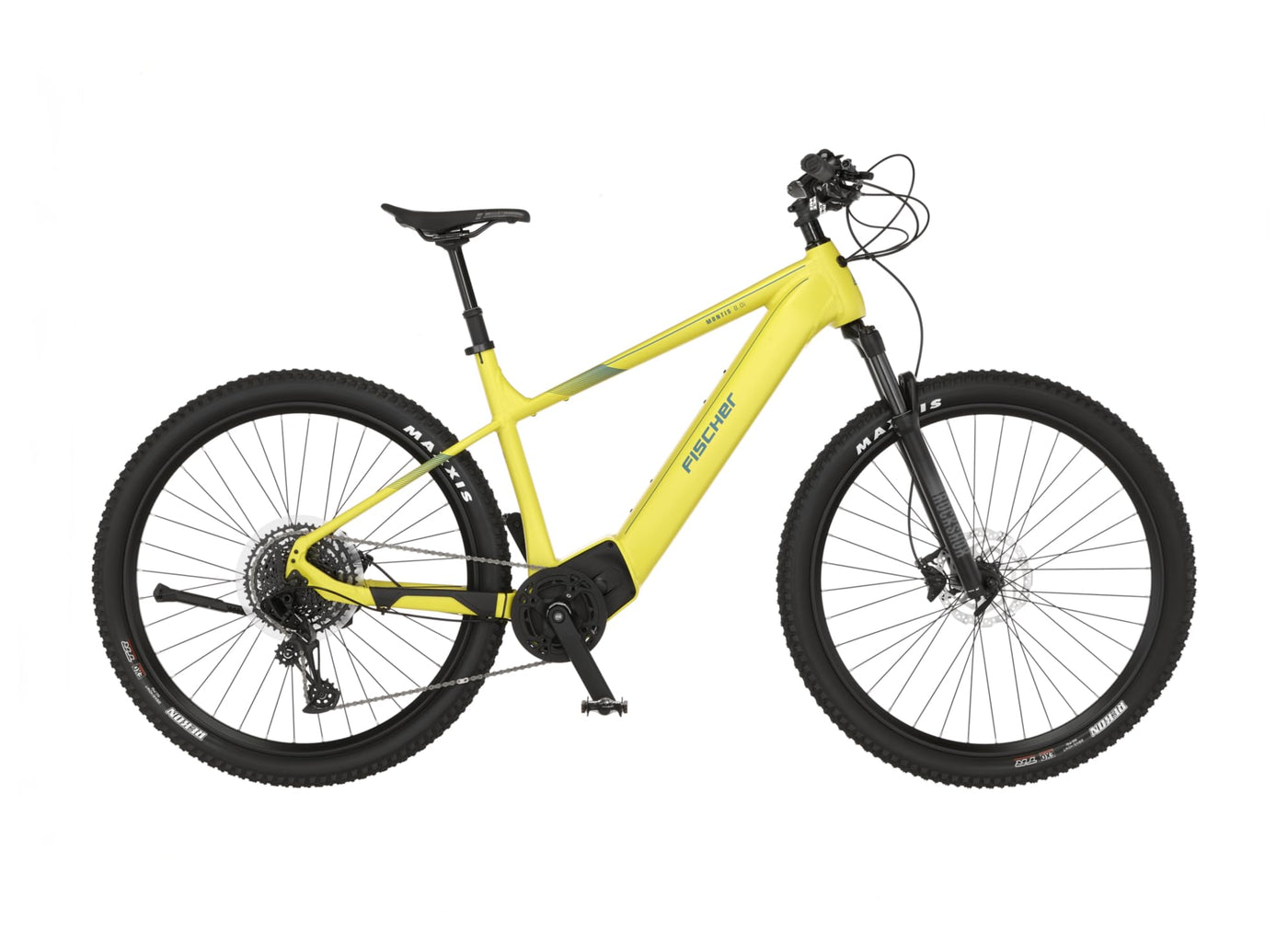 FISCHER E-Mountainbike MONTIS 8.0i, Elektrofahrrad für Damen und Herren, RH 49 cm, Mittelmotor 90 Nm, 36 V Akku, Gelb