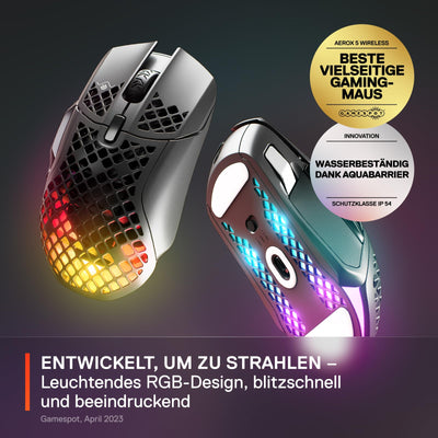 SteelSeries Aerox 5 Wireless – RGB Gaming-Mouse mit Öffnungen in der Oberfläche – Federleichtes, wasserabweisendes Design – 9 Tasten – Bluetooth/2,4 GHz – Optischer TrueMove Air-Sensor mit 18.000 DPI