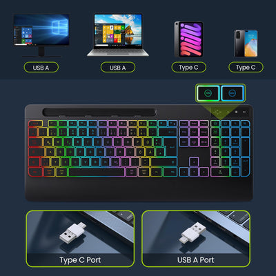 TECURS Gaming Tastatur Kabellos-Leise, Ergonomisch, 2 in 1 USB A/C, Multimedia-Tasten, Handy Halter, Kabellose Tastatur Beleuchtet Wireless für PC/Windows/Mac, QWERTZ Deutsche Layout(Schwarz)