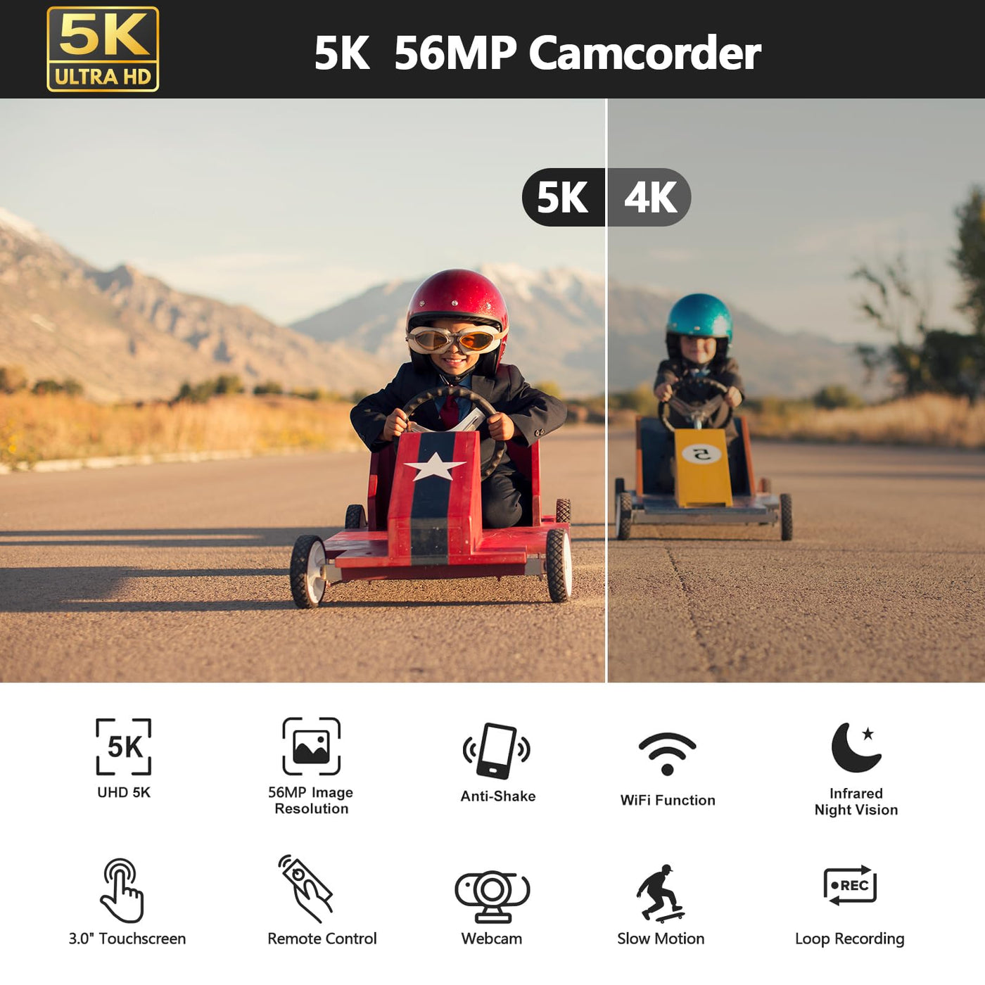 Videokamera 5K, 56MP Camcorder Vlogging Kamera für YouTube, WiFi Nachtsicht 3" 270° drehbarer Touchscreen Webcam Camcorder, Video Camera mit 64GB Karte, Fernbedienung, Mikrofon, 2 Batterien, Stativ