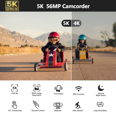 Videokamera 5K, 56MP Camcorder Vlogging Kamera für YouTube, WiFi Nachtsicht 3" 270° drehbarer Touchscreen Webcam Camcorder, Video Camera mit 64GB Karte, Fernbedienung, Mikrofon, 2 Batterien, Stativ