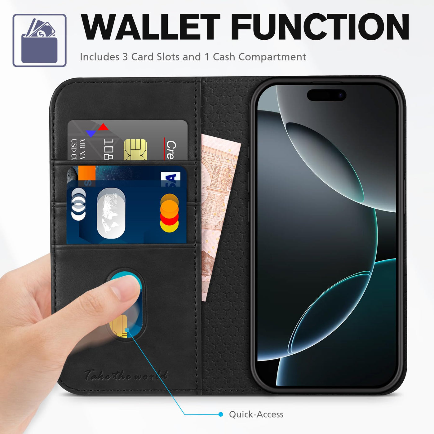 TUCCH Hülle für iPhone 16 Pro Handyhülle [RFID Blocker] TPU [Kartenfächer] Schutzhülle [Ständer] Stoßfeste Klapphülle, Bookcase Kompatibel mit iPhone 16 Pro 5G 2024 (6,3 Zoll), Schwarz