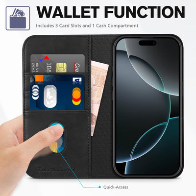 TUCCH Hülle für iPhone 16 Pro Handyhülle [RFID Blocker] TPU [Kartenfächer] Schutzhülle [Ständer] Stoßfeste Klapphülle, Bookcase Kompatibel mit iPhone 16 Pro 5G 2024 (6,3 Zoll), Schwarz