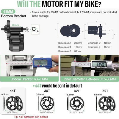 BAFANG 48V 750W Mittelmotor BBS02B Mid Motor CAN Protokoll Elektrofahrrad Umrüstsatz mit 52V20Ah Unterrohr-Akku,EKD01 Display und 44T Kettenblatt E-Bike Umrüstsatz für BB68-73mm