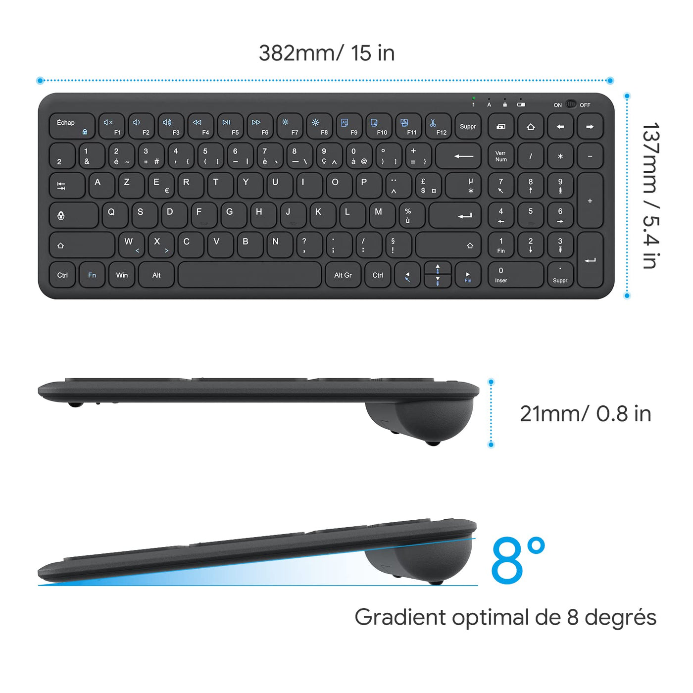 OMOTON Kabellose Tastatur, 2,4 GHz, AZERTY-Tastatur, leise, für Windows 10/8/7, PC, Computer, kabellose USB-Tastatur mit Ziffernblock, ultradünn, Schwarz