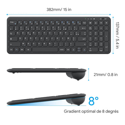 OMOTON Kabellose Tastatur, 2,4 GHz, AZERTY-Tastatur, leise, für Windows 10/8/7, PC, Computer, kabellose USB-Tastatur mit Ziffernblock, ultradünn, Schwarz