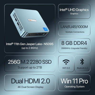 PELADN WI-4 Mini-PC mit Intel 11.Generation N5095 (bis zu 2,9 GHz), 8 GB RAM/256 GB M.2 SSD, 4K UHD, Bluetooth 4.2, HDMI2.0, LAN & WiFi, 2,4G/5,0G WLAN für Business-Anwendungen.