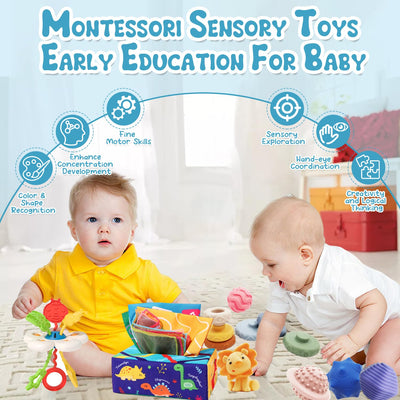 5 in 1 Baby Spielzeug ab 6 9 12 Monate, Montessori Spielzeug Baby, Motorikspielzeug, Stapelspielzeug Blöcken, Tissue Box, Quetsch Bälle Babyspielzeug ab 6 Monate,Geschenk Junge Mädchen 1 Jahr